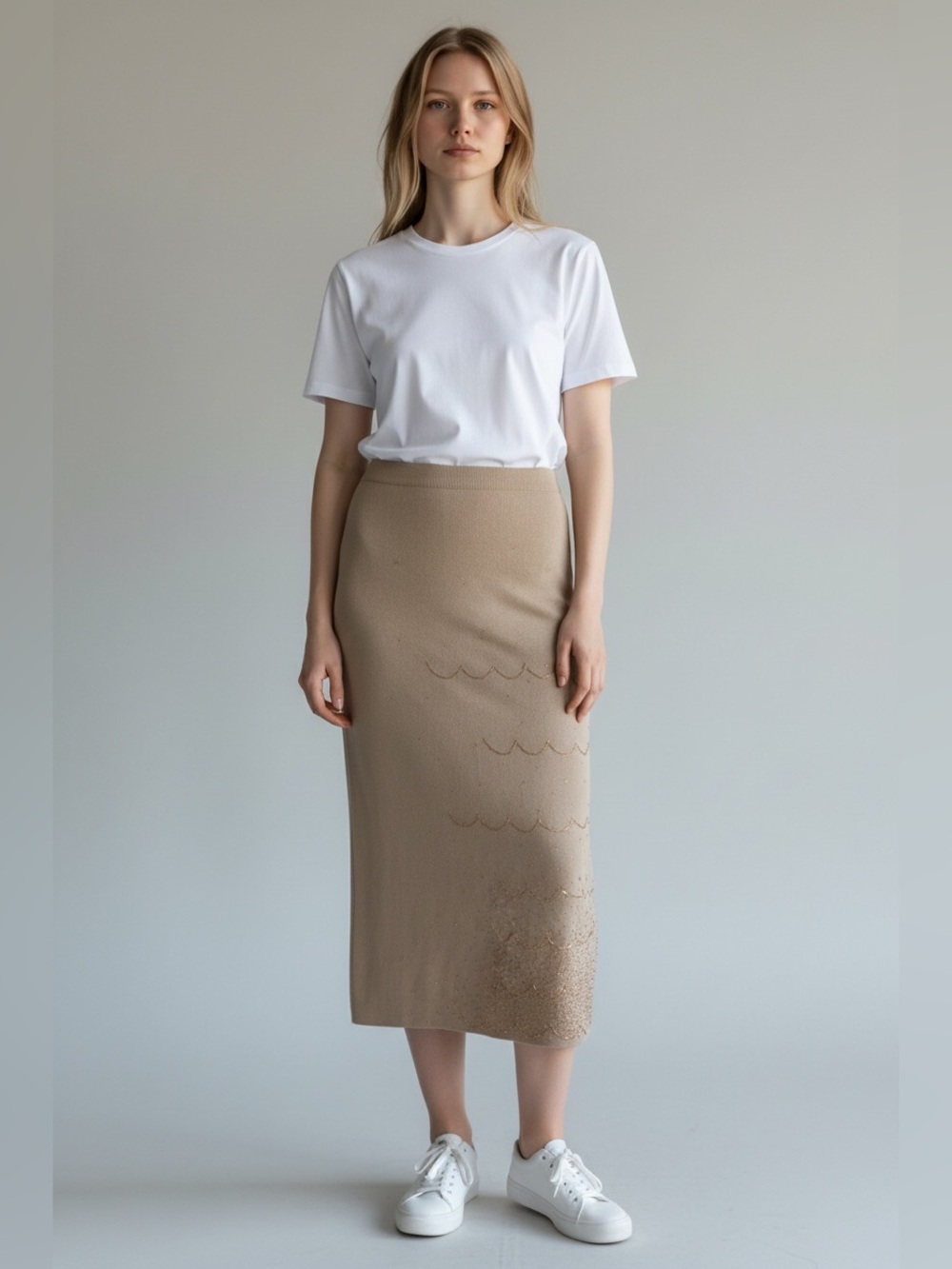 Sideffects Beige Embellished Knit Midi Skirt | NWT